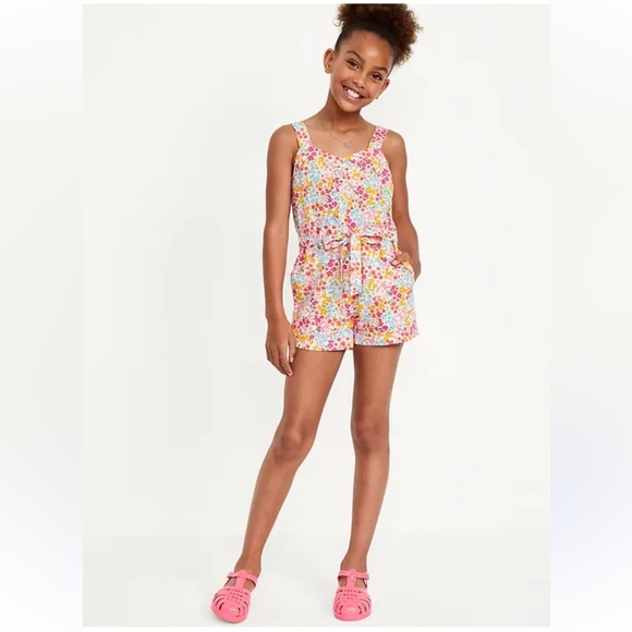 Sleeveless Linen-Blend Tie-Front Romper for Girls - Picture 1 of 6